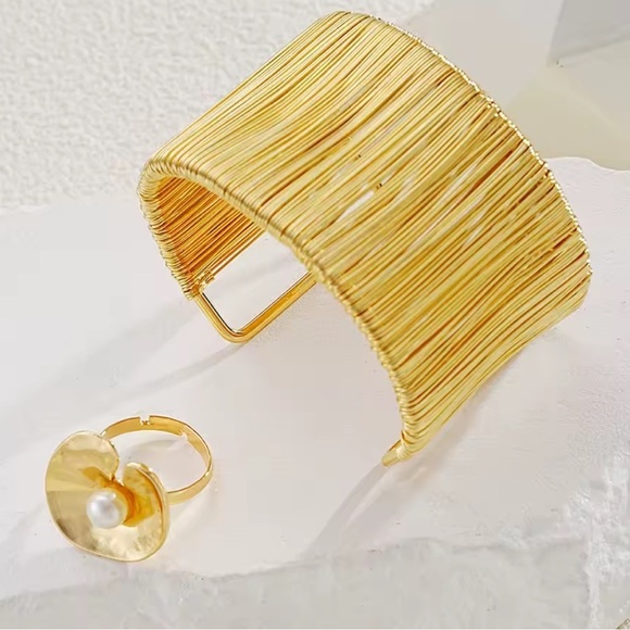 Hyperbole Punk Rock Cuff Bracelet Unisex Iron Alloy... From  Sculpted Gold Punk Wide Wire Statement Bracelet & Pearl Ring Set